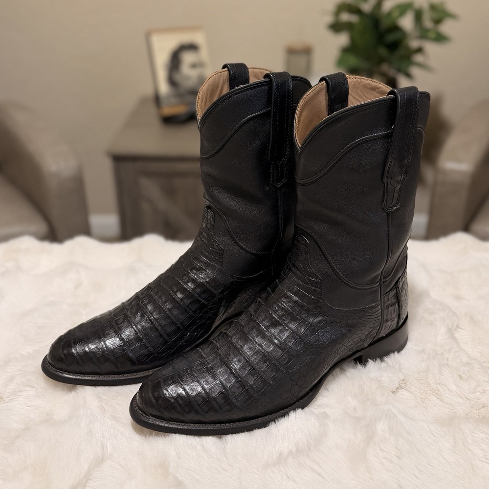Tecovas The Earl Carbon Black Caiman Exotic Roper Cowboy Boots Mens 10 D Leather